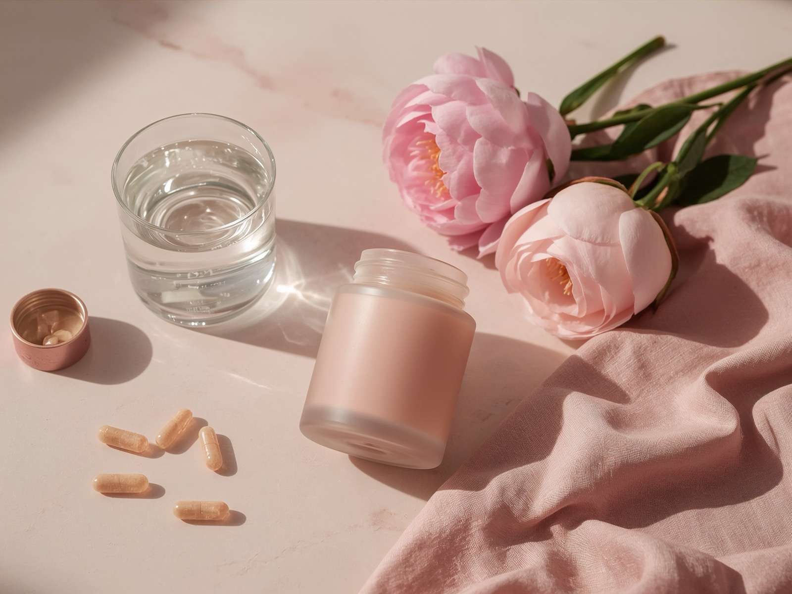 Ritual de mañana: vaso de agua, suplementos y peonías rosas